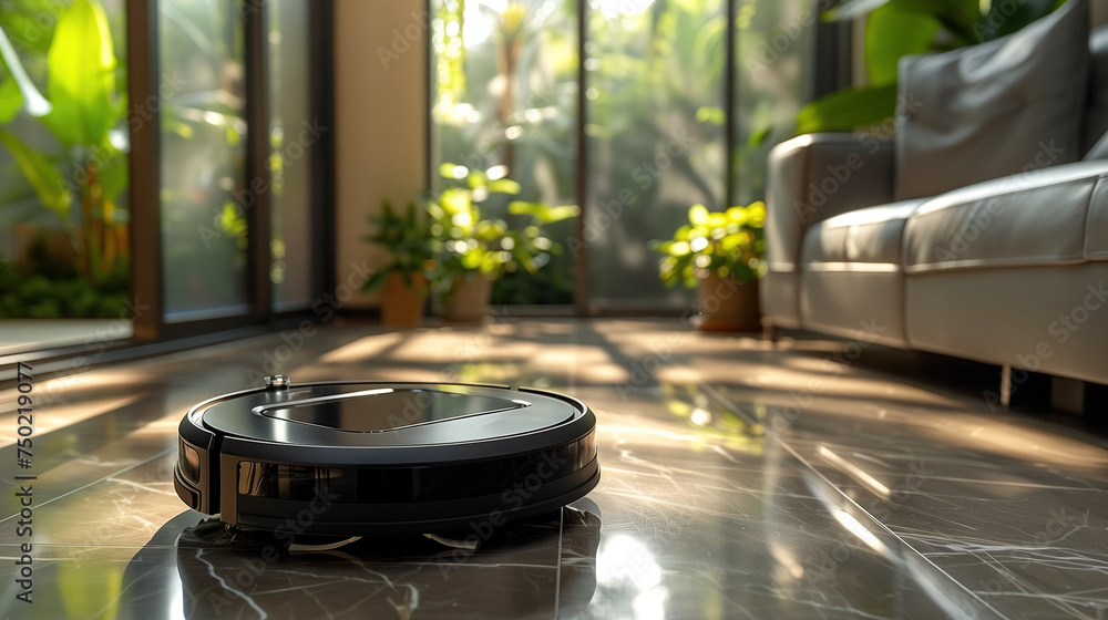 a robot vacuum cleaner cleaning a living room in a sleek style white background a robot vacuum cleaner cleaning a living room in a sleek style white background