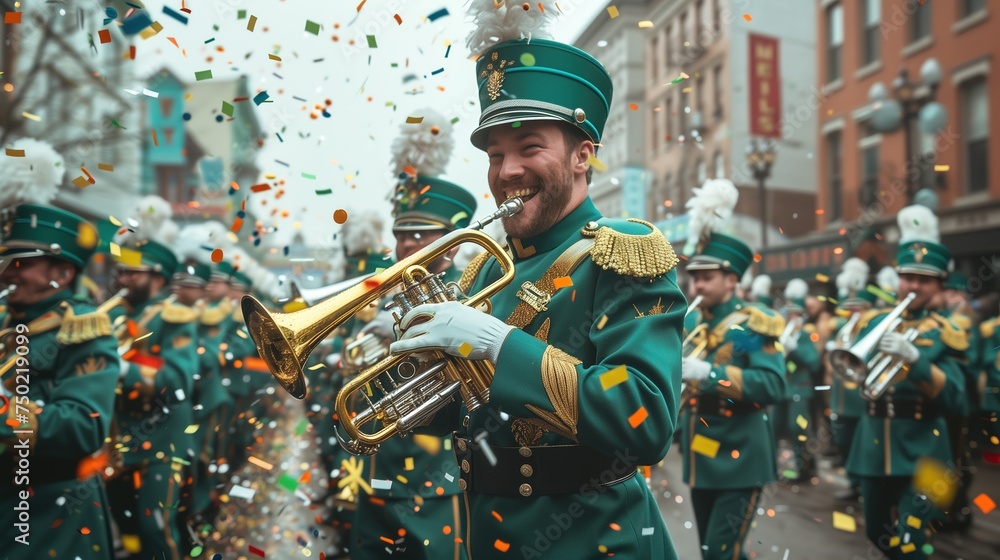 Fototapeta premium Energetic marching band in green uniforms. St. Patrick's Day parade