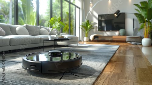 a robot vacuum cleaner cleaning a living room in a sleek style white background photo