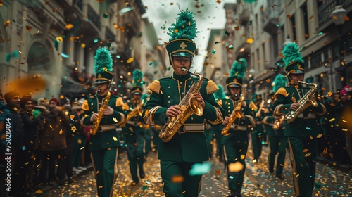 Energetic marching band in green uniforms. St. Patrick's Day parade photo