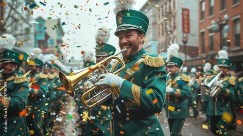 Energetic marching band in green uniforms. St. Patrick's Day parade photo