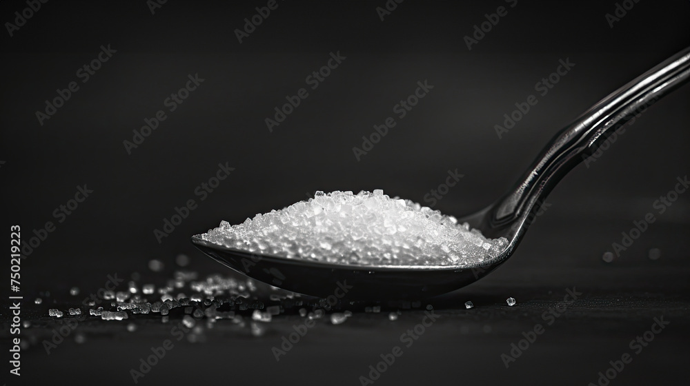 spoon cradling white sugar crystals, seen from a side angle. spoon cradling white sugar crystals, seen from a side angle.