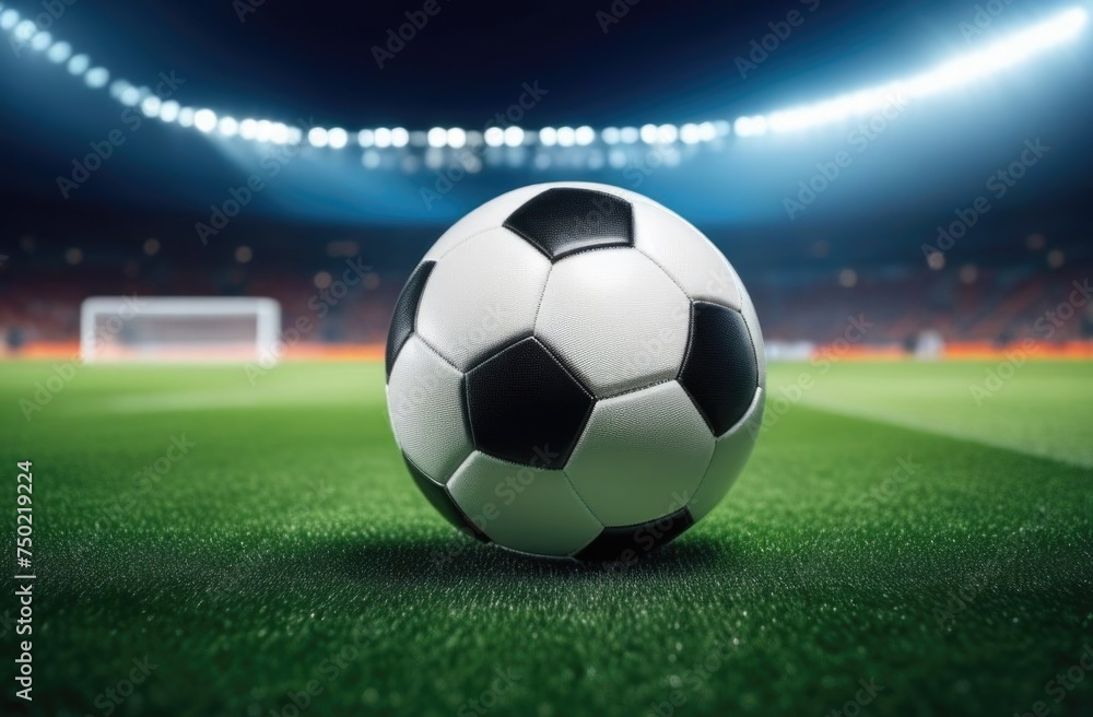 Soccer ball rests on grass of green field in front of majestic lit up, creating exciting atmosphere stadium. Scene captures essence of game, ready for action, excitement. Advertising, banner, print.