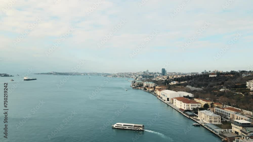 Famous Bosphorus strait and Istanbul cityscape in sunset from aerial view shot, Turkish architecture and culture, Bosphorus strait being a way to marine merchandise and trading between countries Famous Bosphorus strait and Istanbul cityscape in sunset from aerial view shot, Turkish architecture and culture, Bosphorus strait being a way to marine merchandise and trading between countries