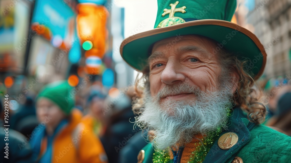 A senior man with red beard at the St. Patrick's Day parade dressed as a leprechaun, with a green top hat and beard. Close-up wide format portrait.