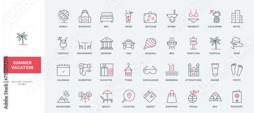 Summer beach vacation and travel line icons set. Backpack and suitcase for holidays, hotel and taxi, direction search, passport and restaurant thin black and red outline symbols vector illustration
