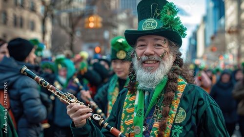 A senior man with red beard at the St. Patrick's Day parade dressed as a leprechaun, with a green top hat and beard. Close-up wide format portrait. photo