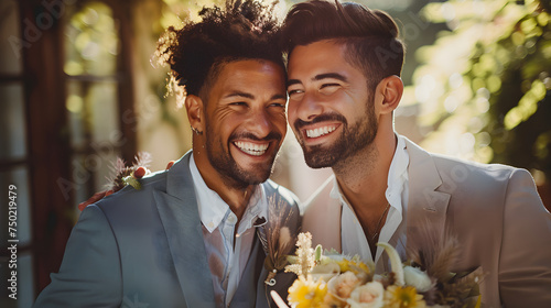Portrait of happy gay couple during wedding