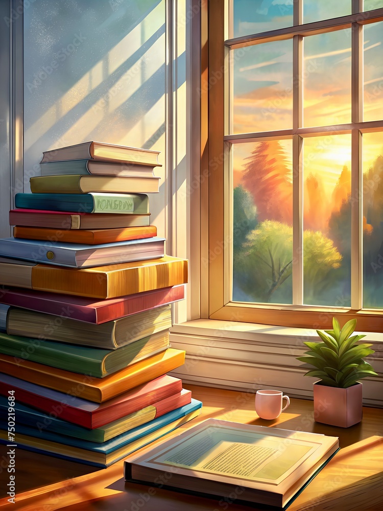 Illustration von Büchern auf einer Fensterbank. Illustration von Büchern auf einer Fensterbank.