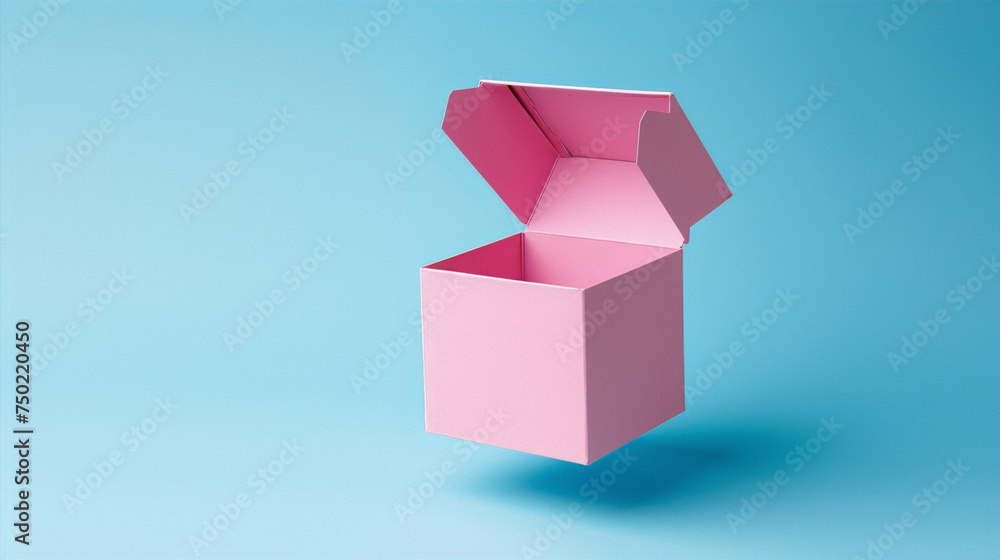 Pink open box floating on blue background. Pink open box floating on blue background.