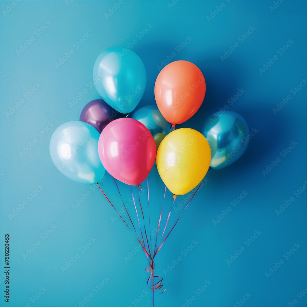 Colorful glossy balloons floating on blue background.