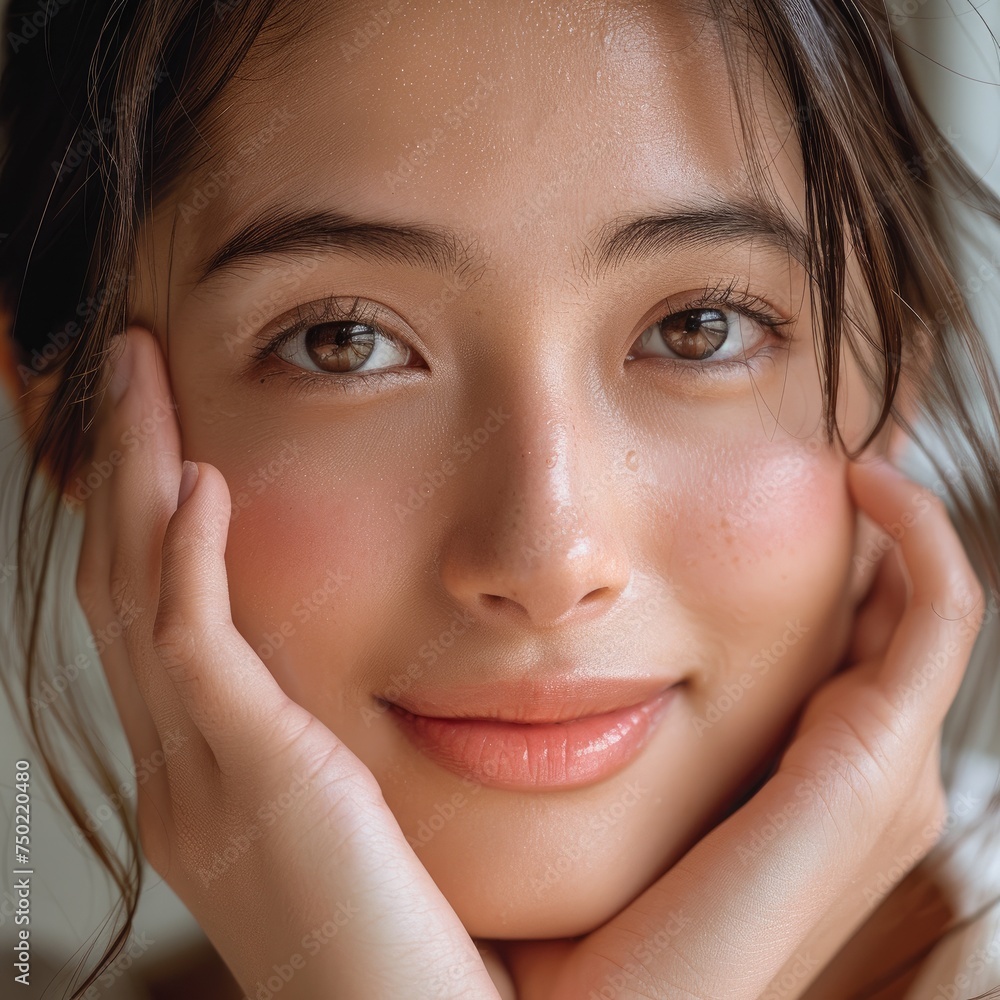 Beautiful happy Asian model girl model with natural clear skin touching her cheeks. A closeup of face. Beautiful happy Asian model girl model with natural clear skin touching her cheeks. A closeup of face.