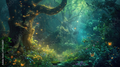 An enchanted forest with magical creatures, glowing plants, ancient trees, a hidden fairy village, mystical ambiance. Resplendent. photo