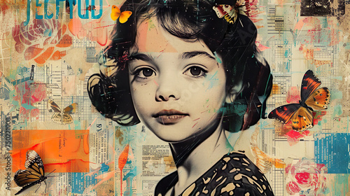 Child's Portrait with Butterflies in Mixed Media Collage