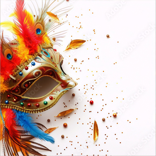   Fabulous     gold     and     colorful     Venetian     mask     with     peacock     feathers     on     white     background  