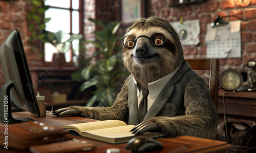 Funny Business Sloth in Office Attire with Glasses 