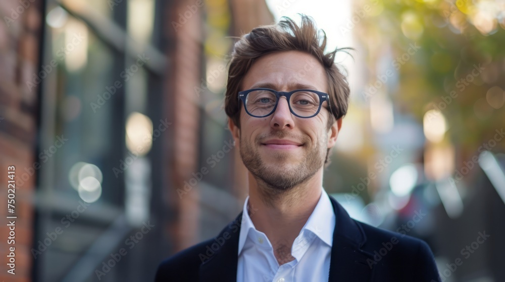 Fototapeta premium Man Wearing Glasses Standing on Sidewalk