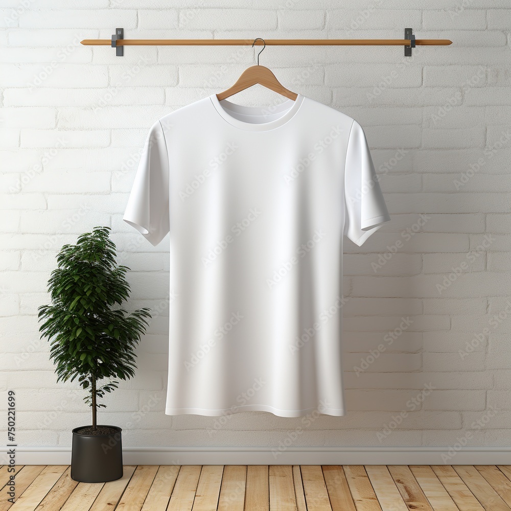 White t-shirt hanging on a wooden hanger, 3d rendering, Ai Generated White t-shirt hanging on a wooden hanger, 3d rendering, Ai Generated