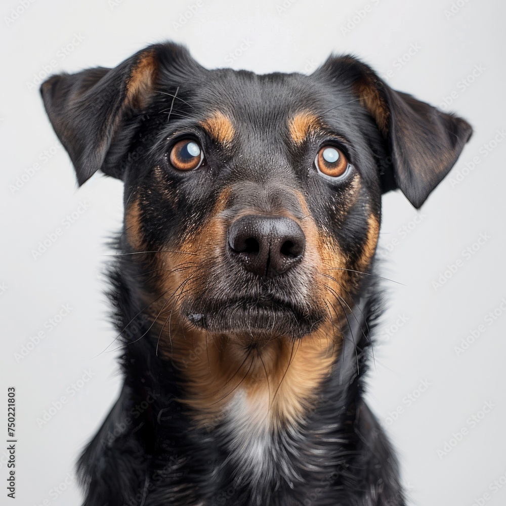Studio portrait of a sitting dog looking forward against a white backdground - Studio portrait of a sitting dog looking forward against a white backdground -
