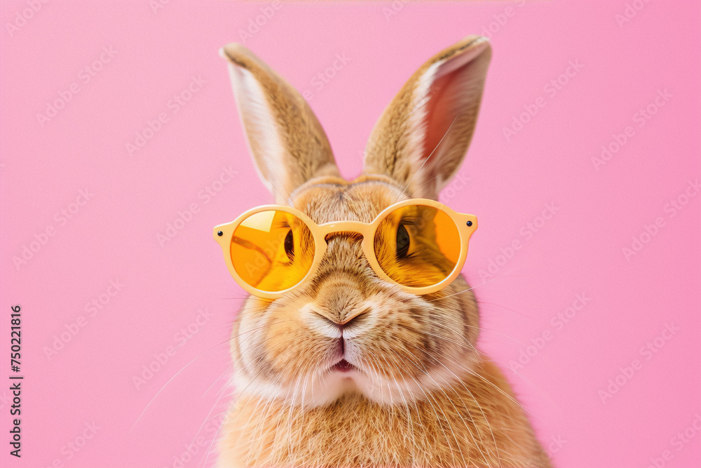 A rabbit wearing yellow sunglasses against a pink background.
