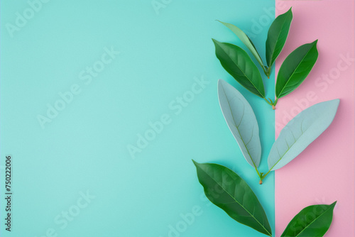 Fresh green leaves on a blue and pink background.