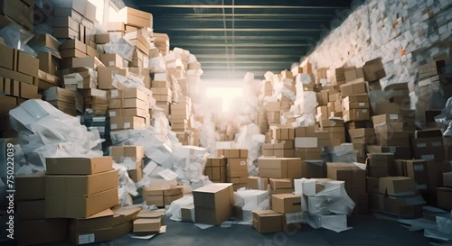 Many Paper Packing Boxes Piled Up in a Big Pile in Warehouse Setting photo