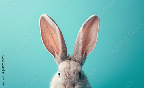 Cute bunny rabbit with big ears on blue background, 3D illustration © jamalnasro