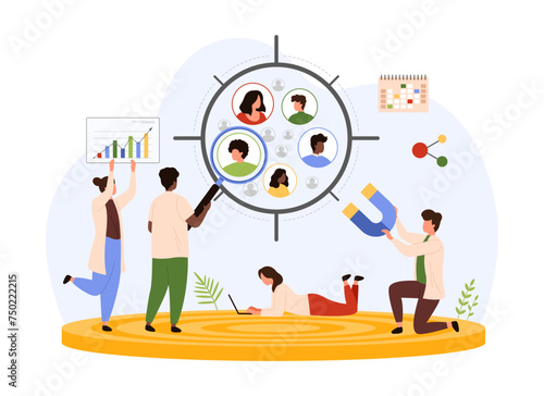 Focus group marketing research. Tiny people look through magnifying glass to search and find relevant niche, attract with magnet audience of customers inside target cartoon vector illustration