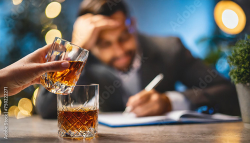 passed out, head on table, hand holding whiskey, blurred background, symbolizing alcoholism and dependency photo