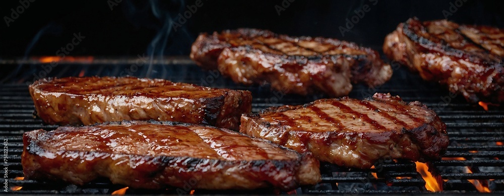 closeup of smoking steaks on a barbecue grill. Generative AI. closeup of smoking steaks on a barbecue grill. Generative AI.