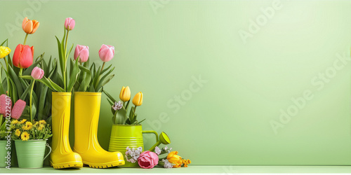 Colorful tulips and other flowers in a green watering can and yellow boots on a green background