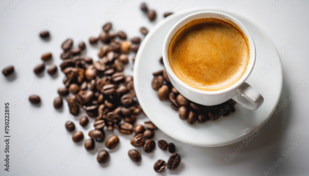 steaming espresso cup and coffee bean on white table, with soft-focus background steaming espresso cup and coffee bean on white table, with soft-focus background