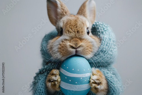 a cute beige rabbit is carrying the azure Easter egg, Rabbit is wearing blue jacket with buttons and striped scarf, smilecore, cutecore, bold colors, white background photo