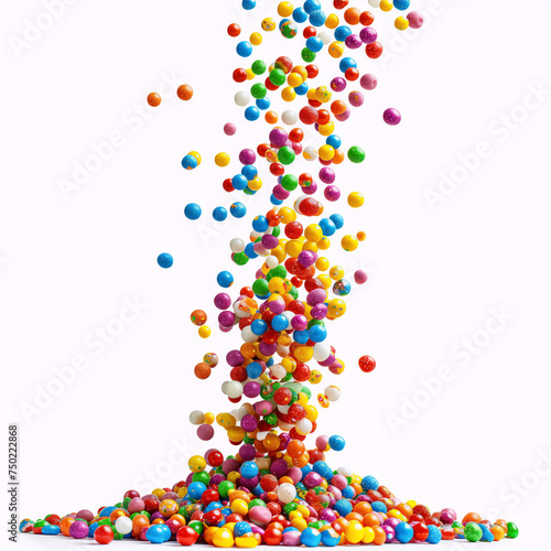 Colorful gumballs falling on white background, food, candy, sweet, isolated