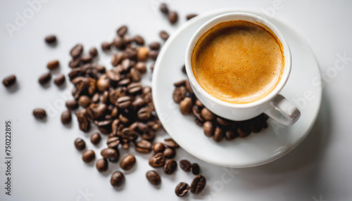 steaming espresso cup and coffee bean on white table, with soft-focus background
