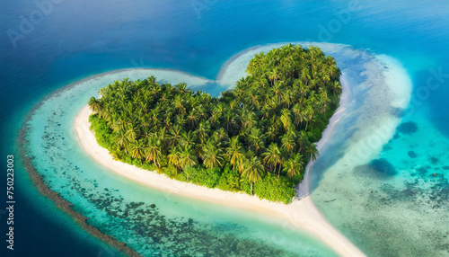 Aerial view of heart-shaped palm trees on a tropical island in the ocean, symbolizing love and paradise © Your Hand Please