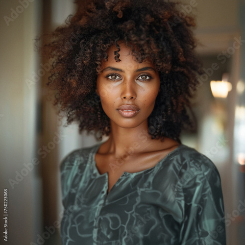 African woman with curly hair and a serene expression, wearing a green blouse, looking intently at the camera.