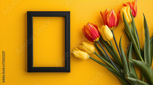Black frame and tulips on yellow background. #750223217