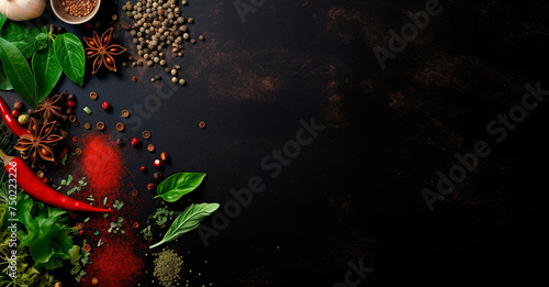 red hot chili pepper, spices, basil leaves, lettuce, parsley, dell flat lay on dark background banner copy space vegetables ingredients coocing vegetarian farming fresh healthy meal photo