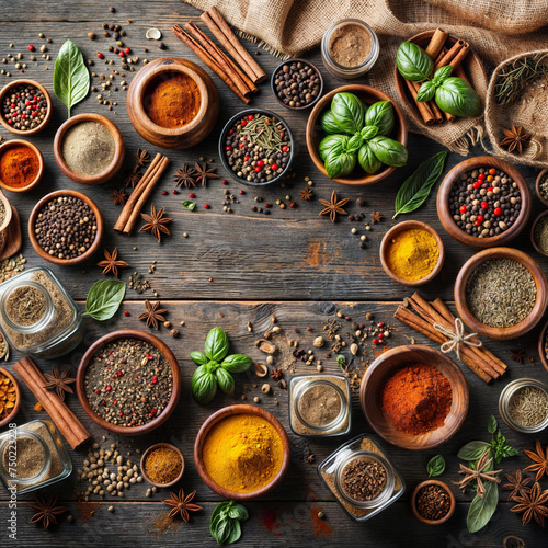 A wooden table with various spices in bowls  including basil  cinnamon  and saffron.