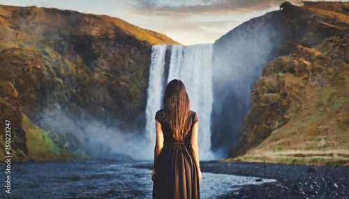 woman in sheer dress gazes at waterfall, lost in contemplation