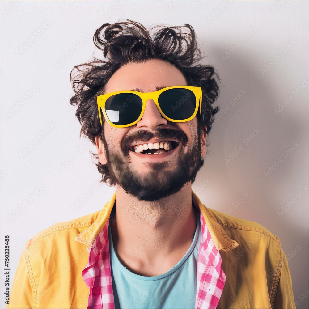 Cheerful young man with yellow sunglasses and pink shirt Cheerful young man with yellow sunglasses and pink shirt