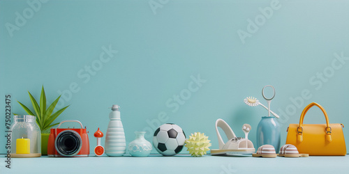 3d render of a random assortment of household objects in bright pastel colors against a blue background.