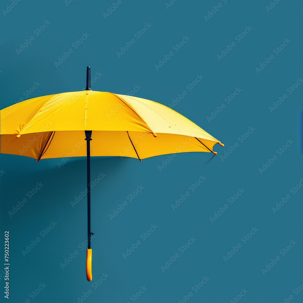 Yellow opened umbrella against blue background, protection and safety concept