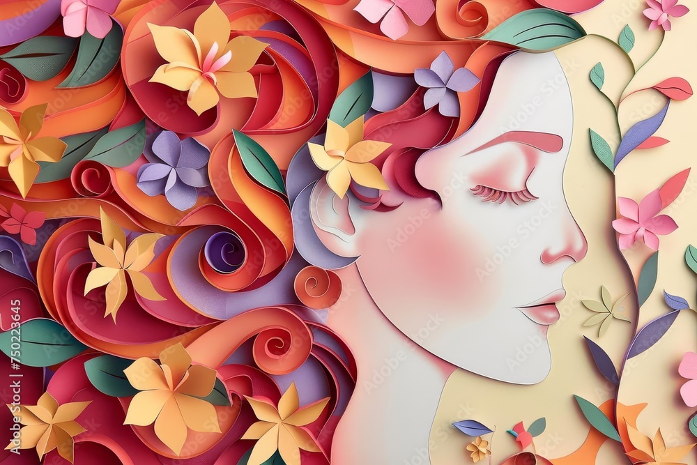 Artistic paper cut illustration featuring a woman's face intertwined with floral elements Celebrating femininity and creativity Suitable for international women's day