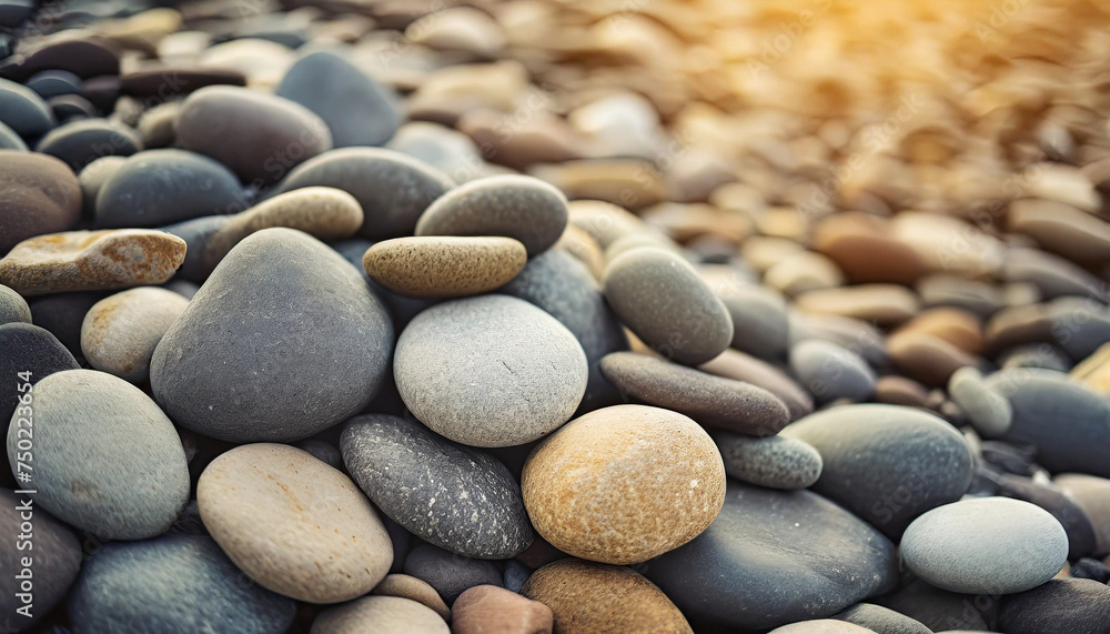 Smooth river rocks, nature's art, symbolize tranquility and resilience in a serene backdrop