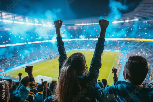 Back view of enthusiastic football fans in a stadium Capturing the spirit of support and excitement during a thrilling match under the night sky