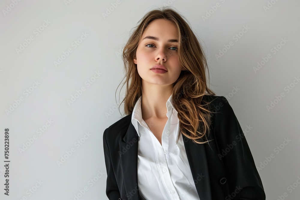 Entrepreneurial woman posing with confidence Wearing professional attire against a white backdrop Entrepreneurial woman posing with confidence Wearing professional attire against a white backdrop
