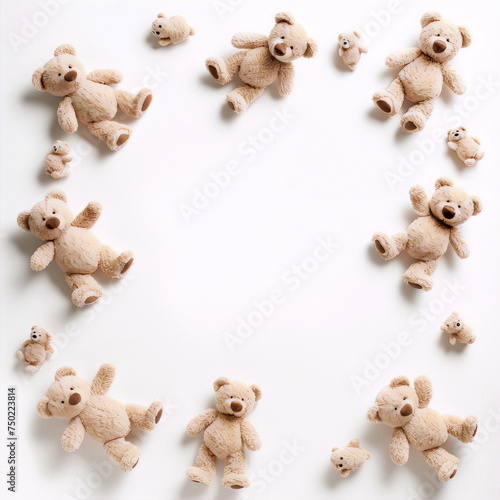 Cute teddy bears on white background, top view, flat lay.