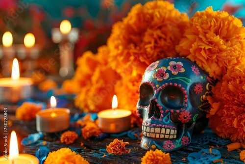 Dia de los muertos celebration scene with traditional sugar skulls Marigolds And candles Vibrant and colorful © Bijac
